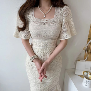 新款 良良家复古重工镂空钩花蕾丝连衣裙女夏季 宫廷风包臀鱼尾长裙