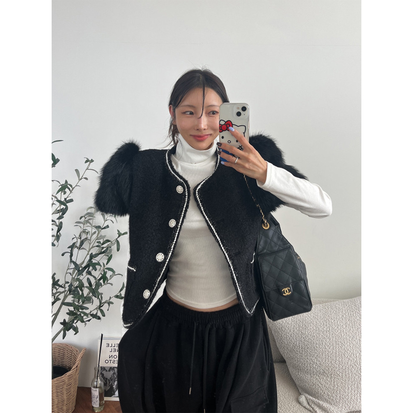 良良家韩版小香风羊羔毛外套女秋冬季设计感气质毛茸茸短袖上衣
