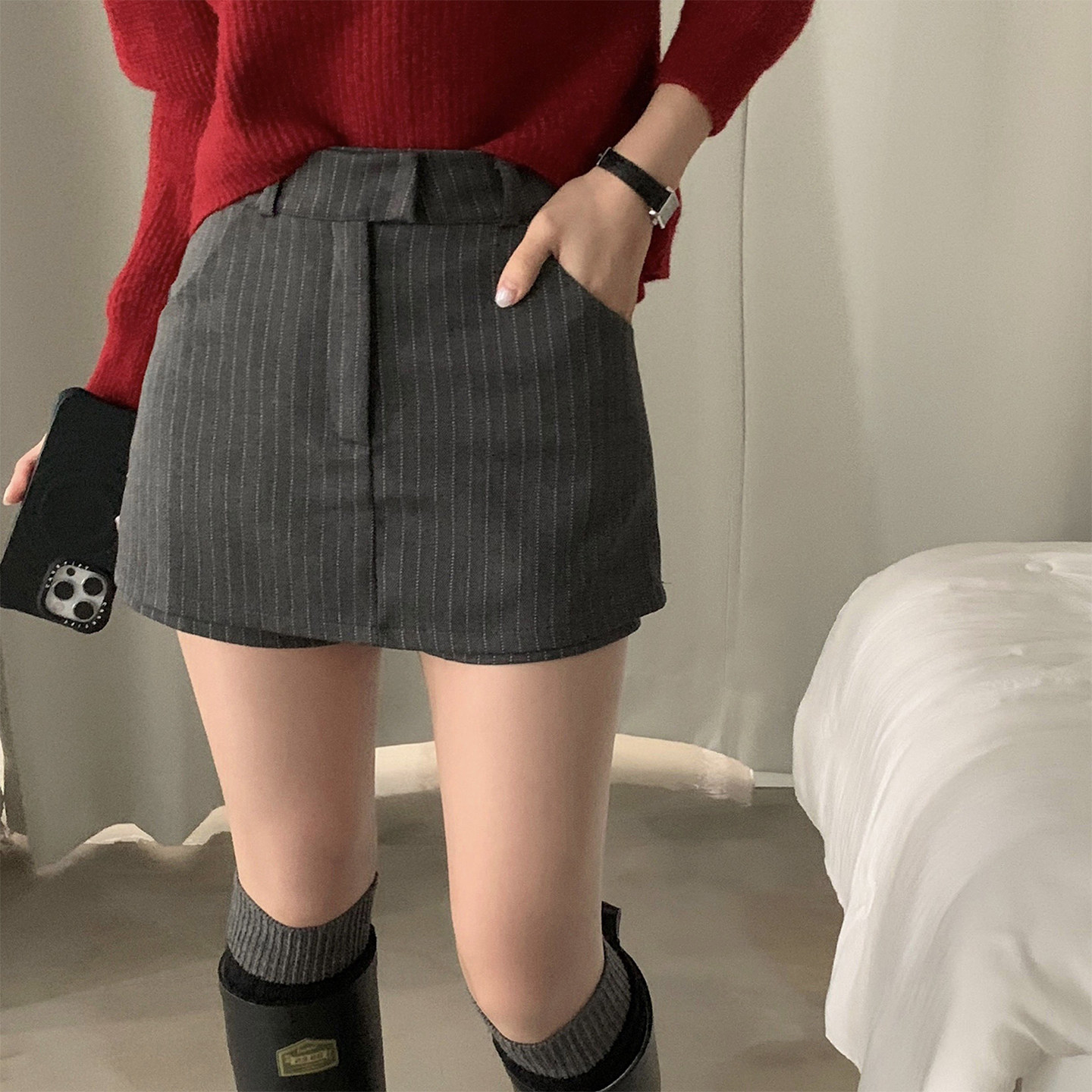 复古小众条纹高腰西装短裤女早春季新款宽松休闲百搭A字裙裤热裤,女装/女士精品,短裤,淘宝优惠券,粉丝福利购,淘宝优惠卷