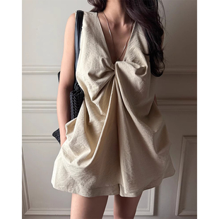 复古高腰休闲短裤 新款 两件套 背心衬衣女夏季 良良家设计感扭结无袖