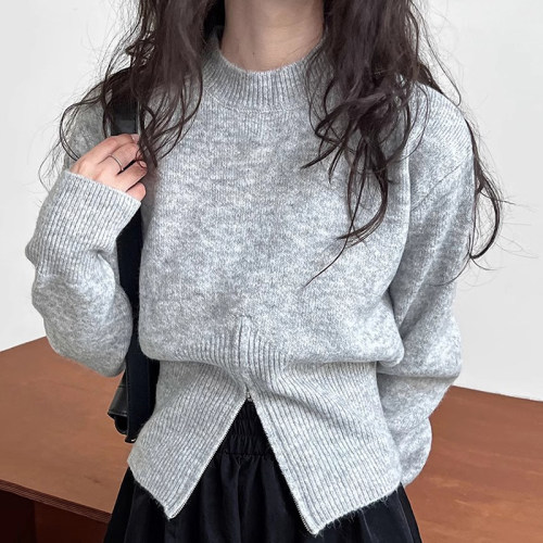 拉链设计宽松百搭长袖针织毛衣