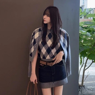 复古菱格开衫毛衣外套女2025秋季新款修身显瘦短袖针织衫两件套