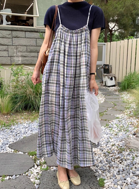 韩国chic夏季复古田园风U型领撞色格纹宽松休闲吊带连衣裙长裙女