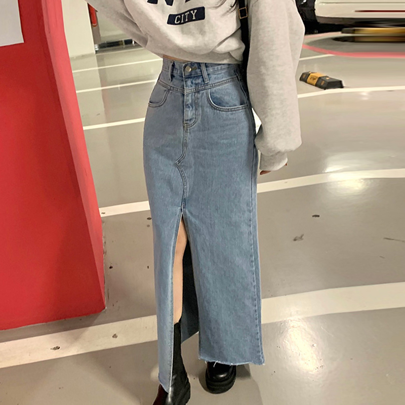 chic高腰前开叉长款牛仔半身裙女