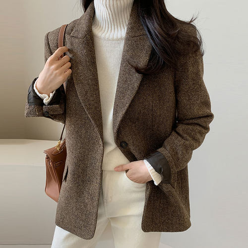 韩国chic翻领两粒扣毛呢西装外套