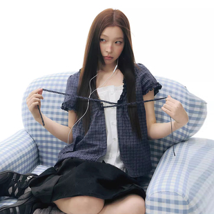 良良家设计感拼接假两件系带衬衫女夏季新款复古撞色格子短袖上衣