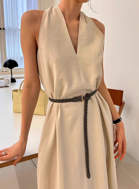 韩国chic夏季复古高级感V领收腰显瘦过膝长款挂脖式背心连衣裙女
