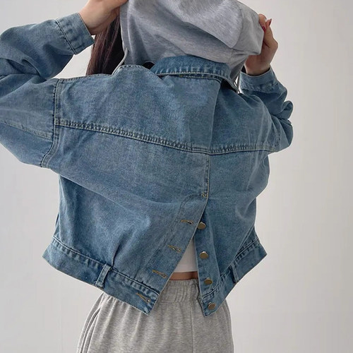 可拆卸撞色短款连帽牛仔外套