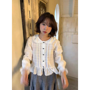 宽松百搭衬衣 新款 甜美减龄拼接蕾丝花边娃娃领牛角扣衬衫 女早春季