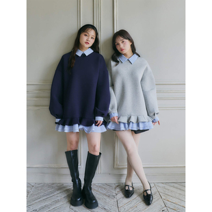 良良家韩系polo领假两件卫衣连衣裙女秋冬新款巨好看荷叶边短裙子