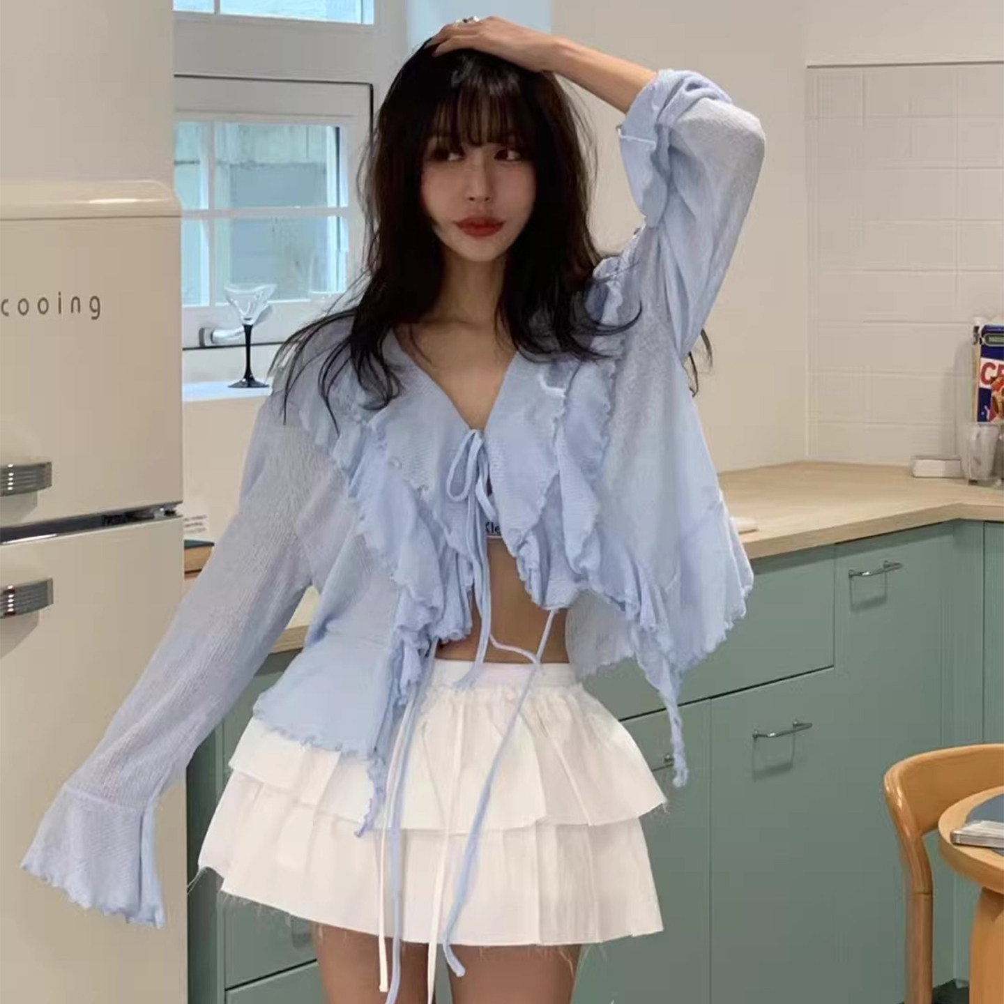 良良家 甜美木耳边荷叶边衬衫女春季新款设计感不规则防晒衫上衣