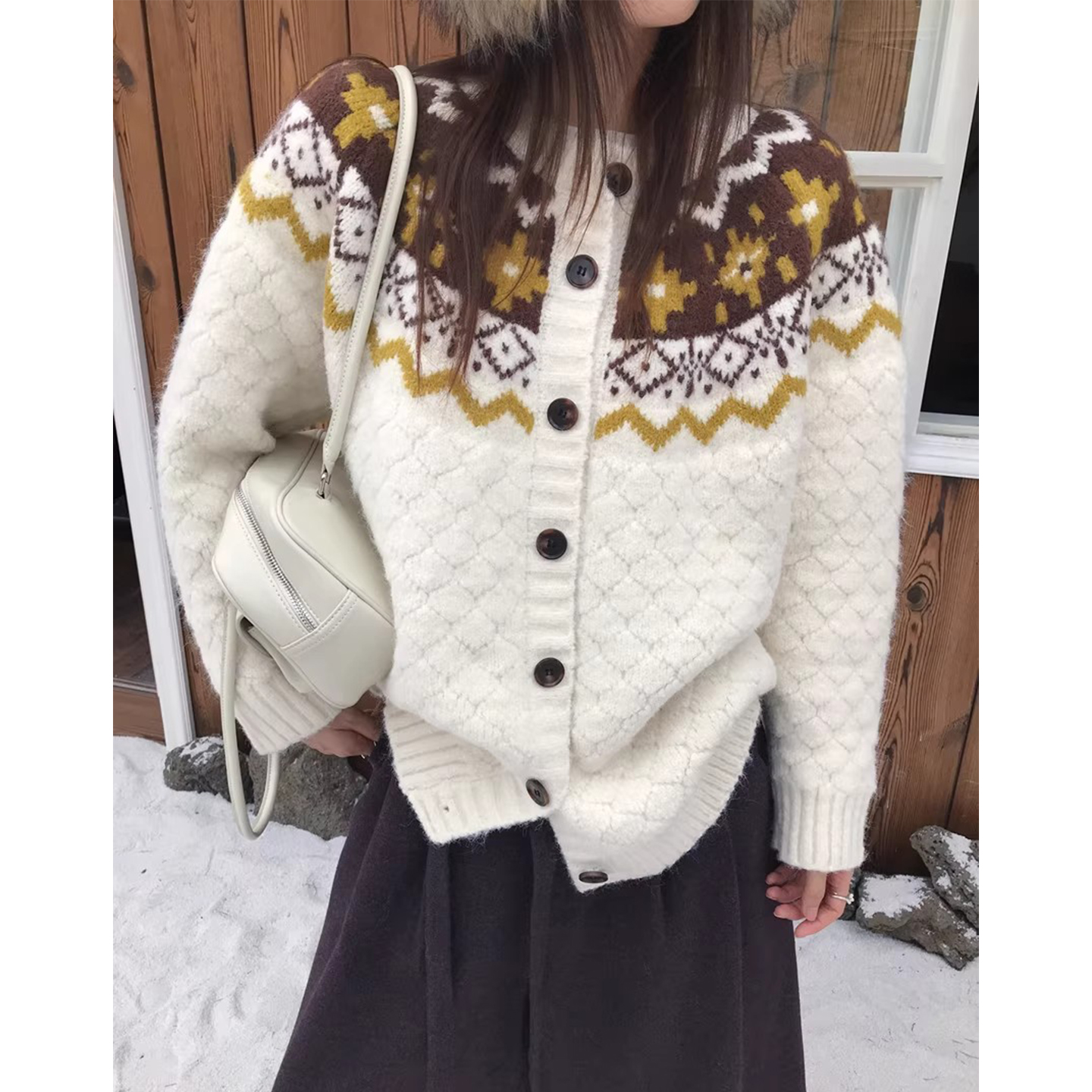 费尔岛撞色提花菠萝纹毛衣外套