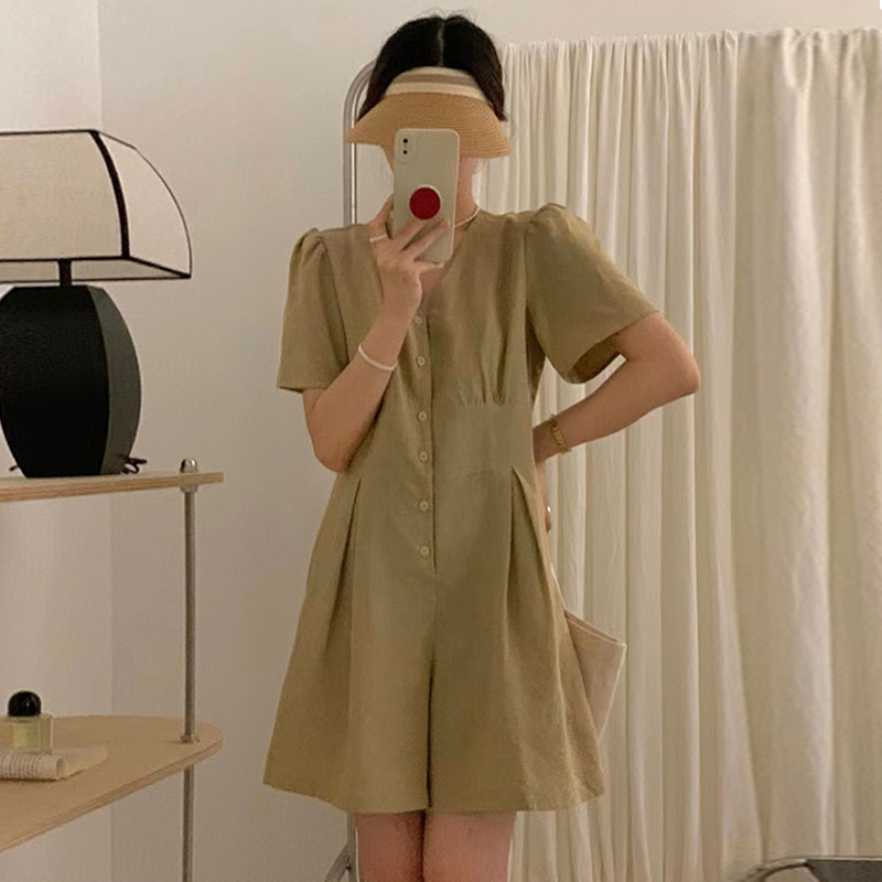 韩国chic夏季复古气质V领压褶口袋设计宽松泡泡袖小个子连体裤女
