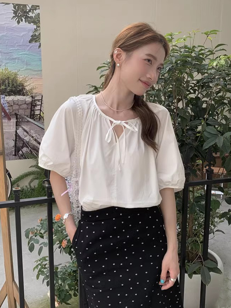 韩国chic夏季甜美气质半开V领系带宽松百搭纯色泡泡袖娃娃衫衬衫