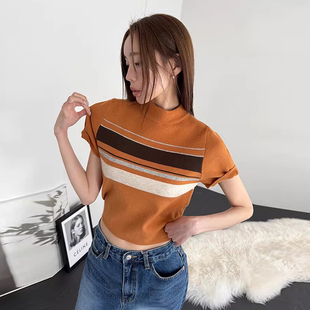 良良家法式气质拼色小立领短袖针织衫女夏季新款修身显瘦短款毛衣