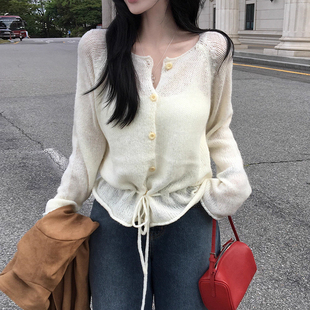 温柔风单排扣抽绳收腰显瘦软糯毛针织开衫 外套女 法式 韩国chic秋季
