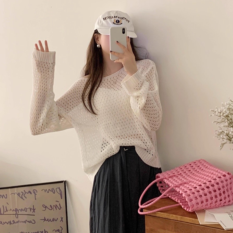 韩国chic夏季新款小众个性一字领镂空网纹薄款冰丝防晒针织罩衫女