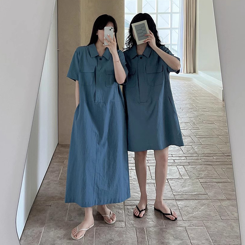 小众慵懒风翻领多口袋衬衫连衣裙