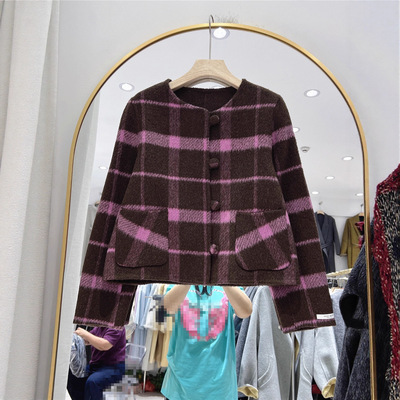2025秋冬新款小香风粉色格子双面羊绒大衣女短款小个子羊毛呢外套