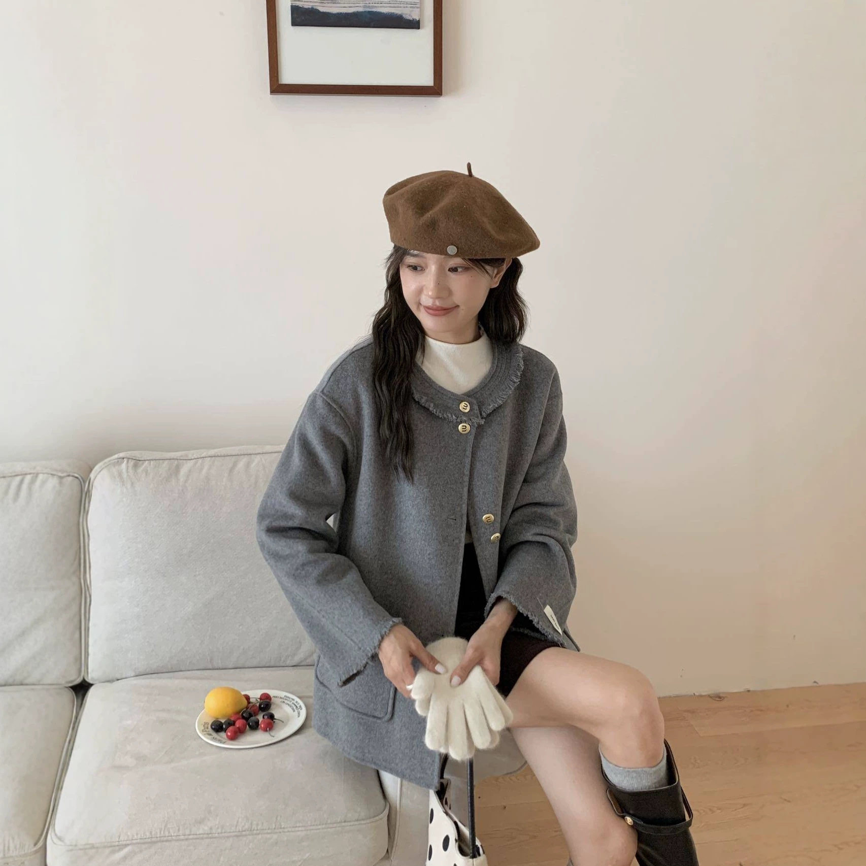斯卡露2026秋冬新圆领小香风双面呢羊绒大衣女短款小个子外套韩版