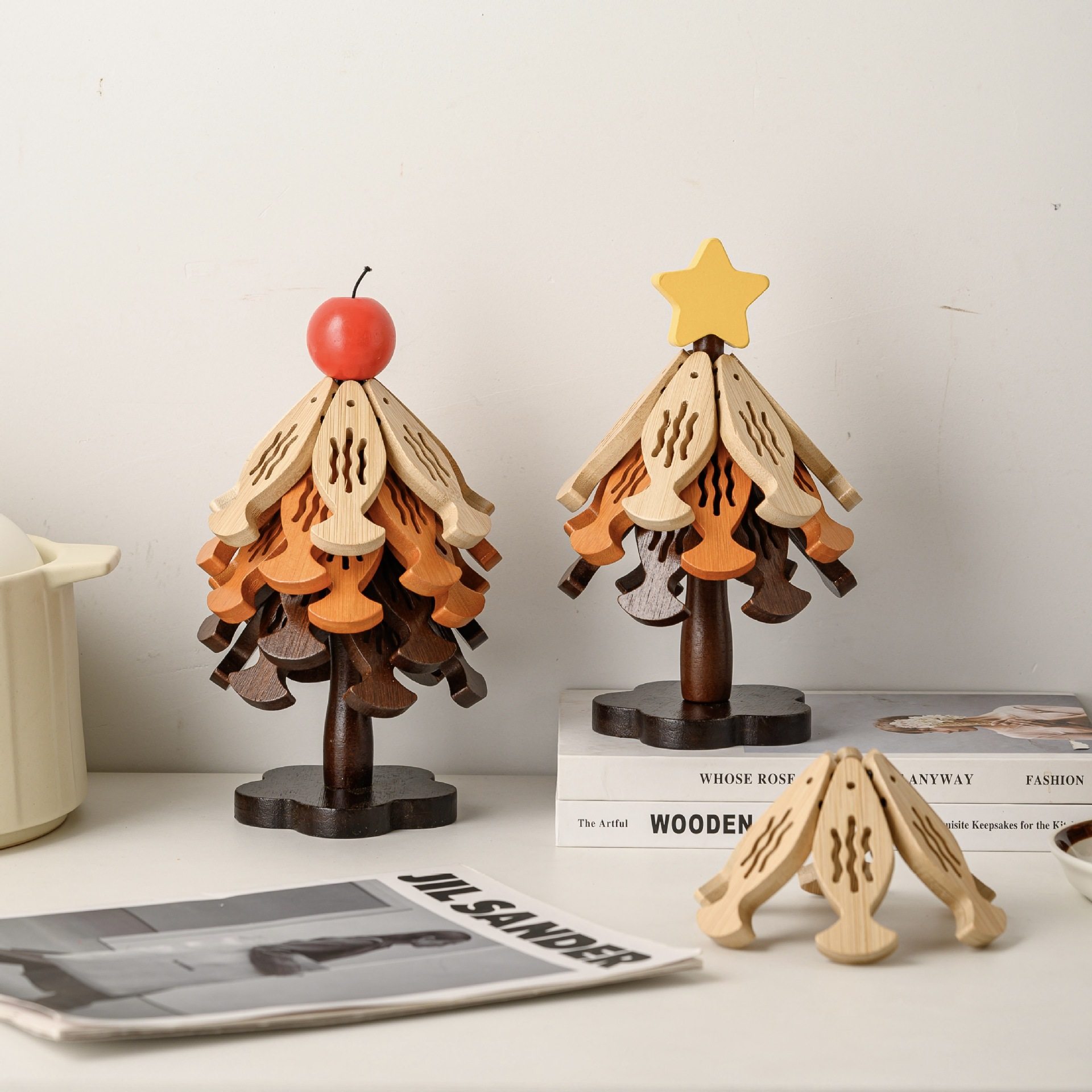 实木隔热垫套装防烫家用餐桌垫小鱼创意摆件竹制耐高温圣诞树餐杯