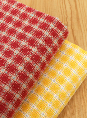 复古深红黄色压线提花仿麻格子 服装裙子发圈桌布门帘手工diy面料