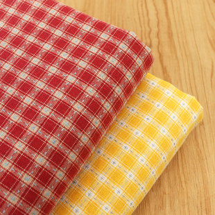 复古深红黄色压线提花仿麻格子 服装裙子发圈桌布门帘手工diy面料