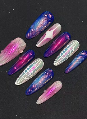 ANNI NAIL梦幻地球仪手工美甲穿戴甲片高级彩绘极光长水滴欧美甲