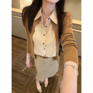 老钱风假两件针织开衫女拼接亚麻衬衫翻领毛衣长袖宽松气质上衣秋