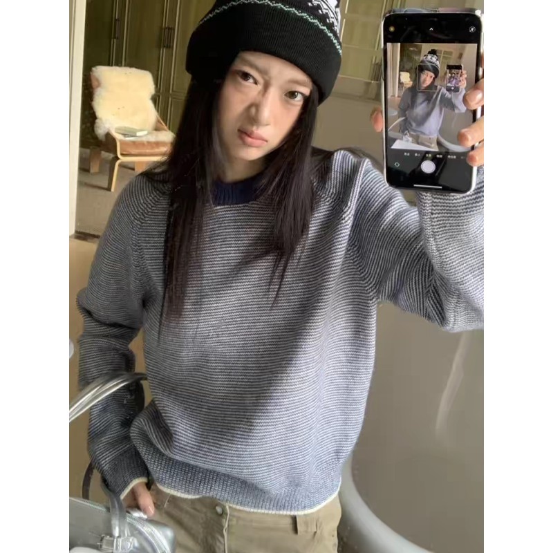 秋冬韩版撞色条纹加厚羊毛衫女