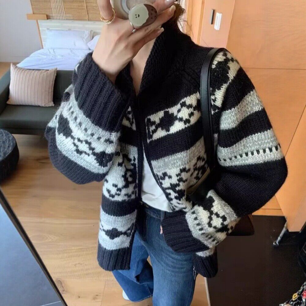 纯羊毛费尔岛拉链拼色加厚女开衫