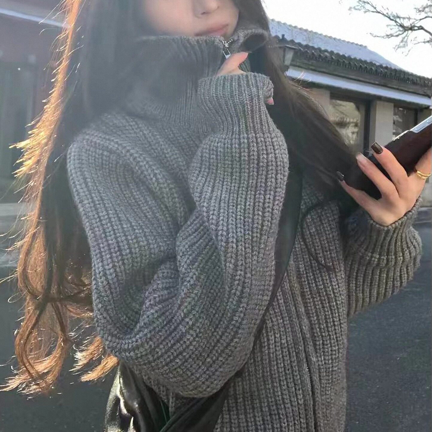 秋冬100%羊毛翻领元宝针开衫女