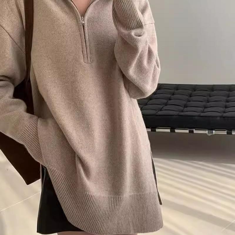 设计感翻领100%纯羊毛衫中长款