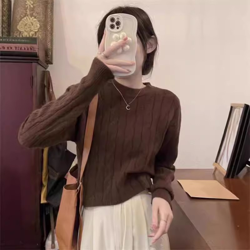 时髦露脐高腰麻花羊毛衫女秋冬重磅加厚短款气质套头针织打底衫潮