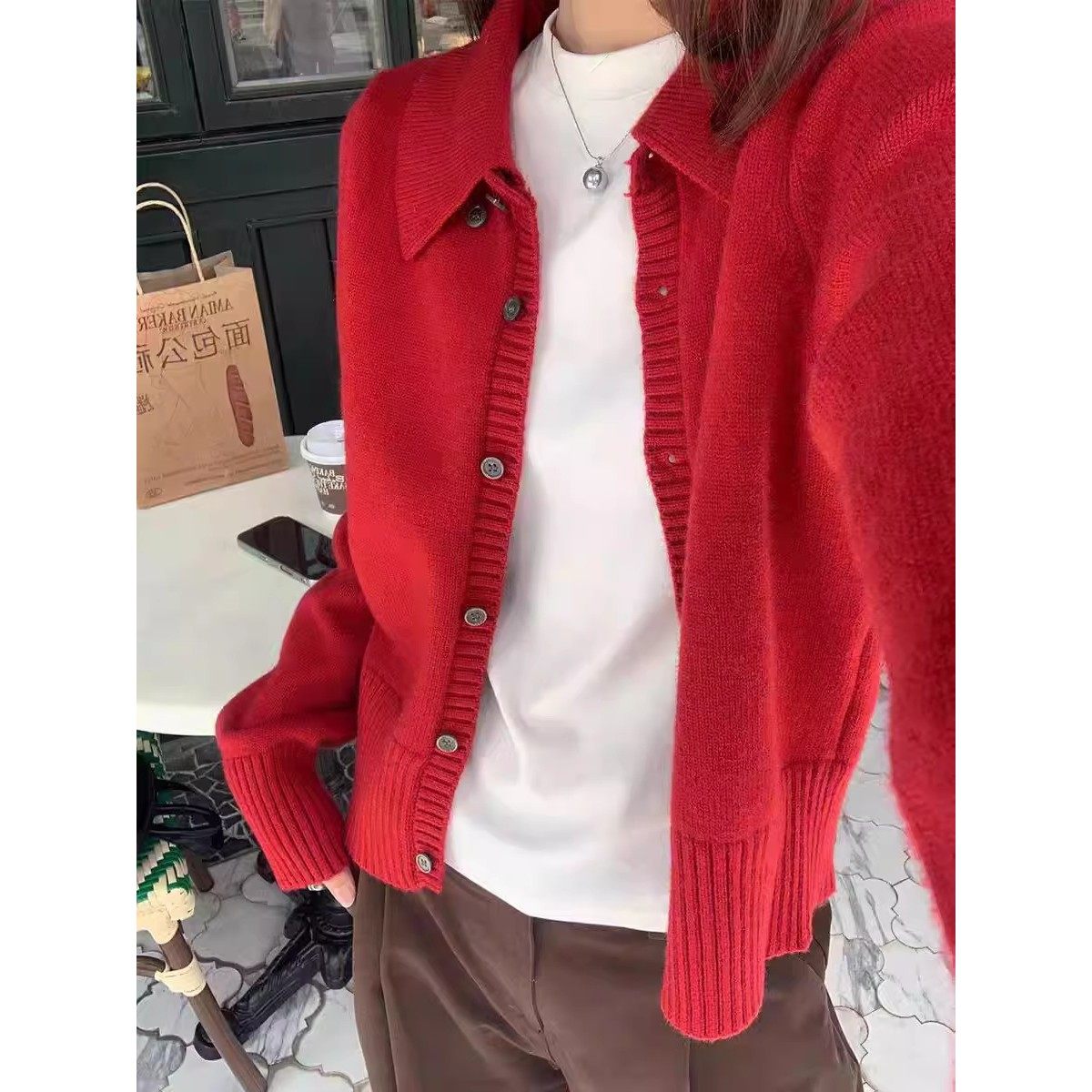 复古软糯风翻领100%羊毛针织开衫女红色长袖外穿毛衣高级感秋冬季