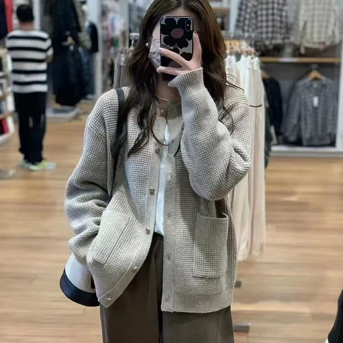秋冬纯羊毛华夫格厚款女开衫