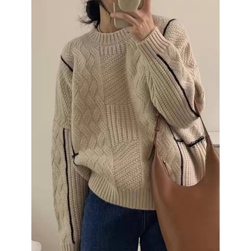 秋冬羊毛拼色扭花加厚女针织衫