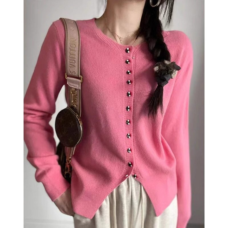 春秋新款纯羊绒开衫女圆领针织薄毛衣外套韩版宽松羊毛衫打底外搭