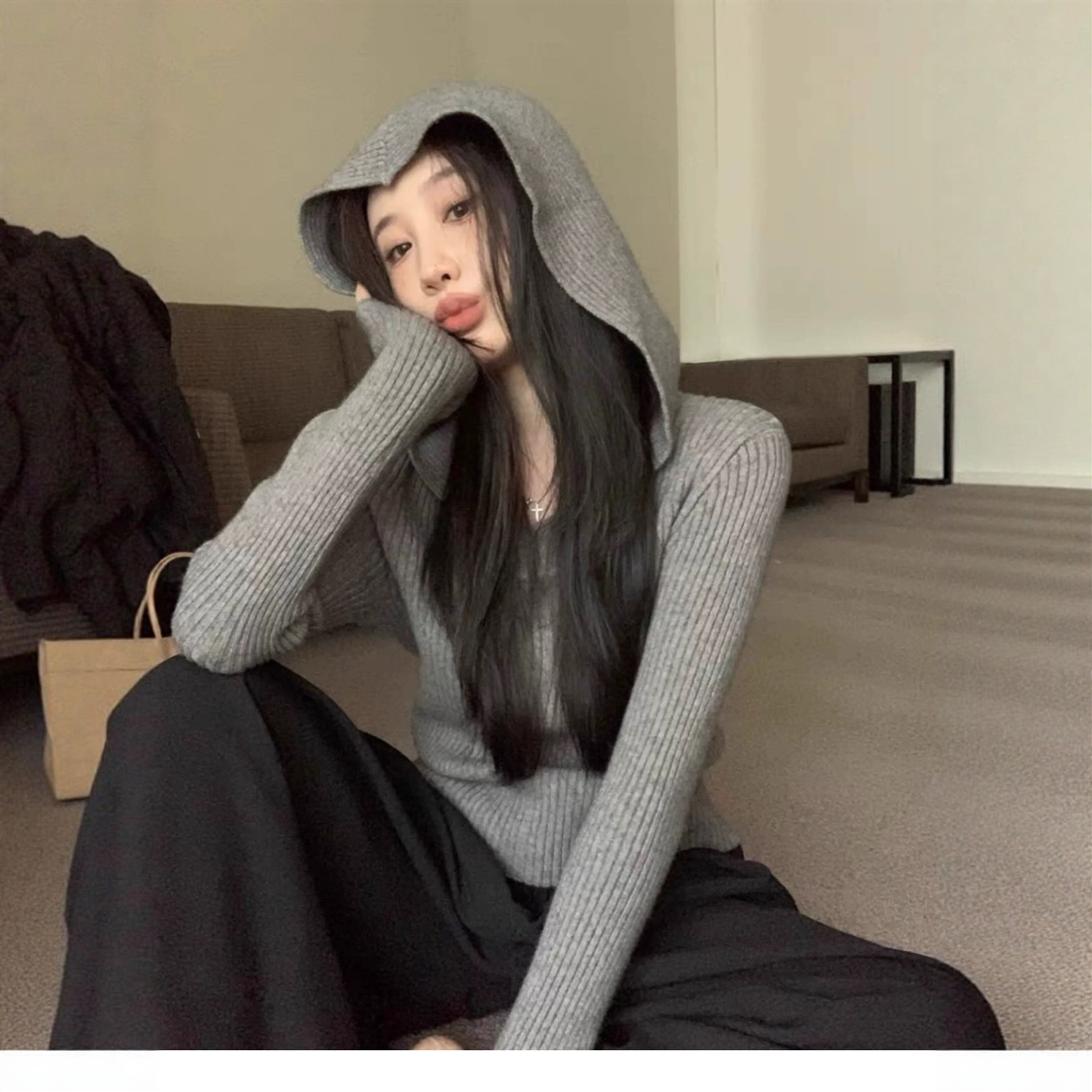 格雷系连帽羊毛修身显瘦针织衫女