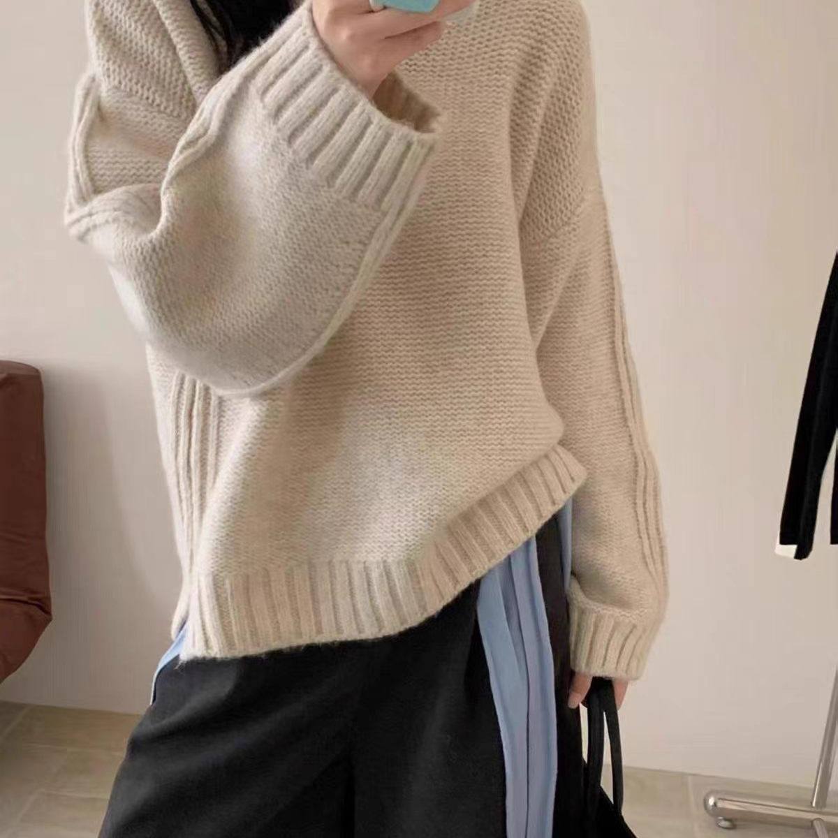 秋冬加厚纯羊毛宽松女套头毛衣