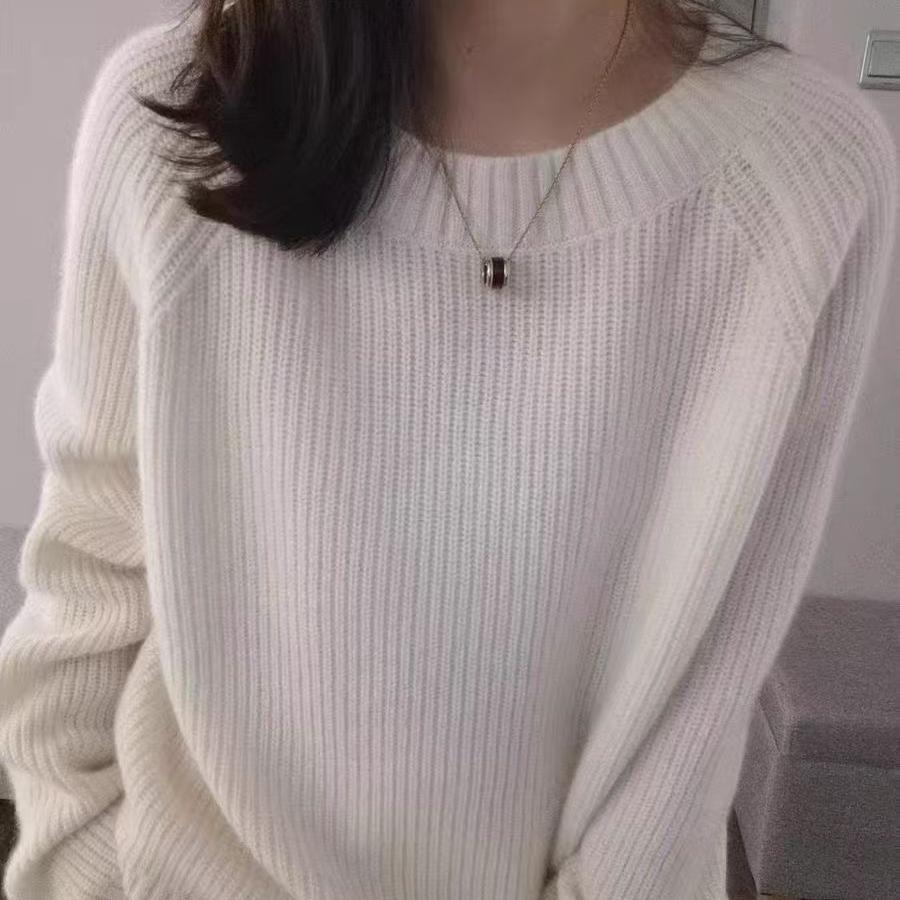 圆领条纹套头羊绒针织衫女插肩袖时尚显瘦遮肉毛衣纯色秋冬新款厚