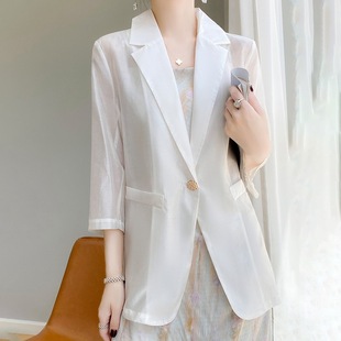 2026春夏七分袖亚麻西装女薄中长款棉麻显瘦西服上衣天丝外套白色