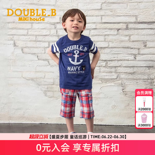 刺绣麻棉短裤Mikihouse Double_B男女童LOGO混纺格纹夏季新款