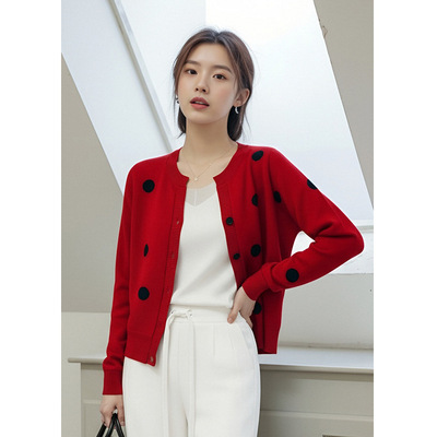 本命年波点红色针织开衫女2025秋冬新款圆领长袖羊毛呢小个子上衣