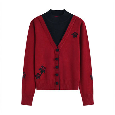 半高领假两件长袖拼色针织衫女2025秋冬新款设计感小众绵羊毛上衣