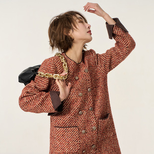 小香风粗花呢圆领长袖红色连衣裙女秋冬新款2025高级感短款a字裙