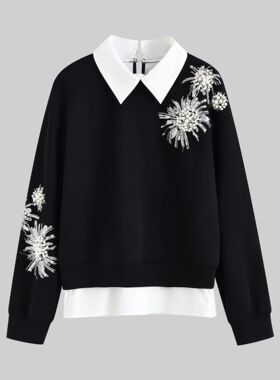 10228【假两件POLO领卫衣女秋冬新款设计感重工钉珠长袖上衣】