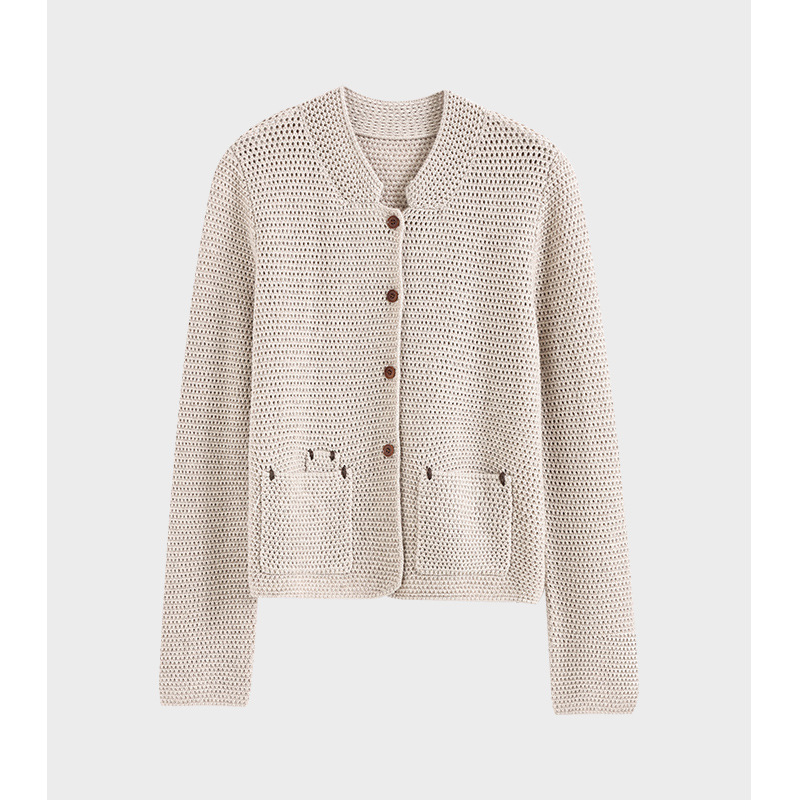 2025年秋季新款立领长袖镂空针织开衫女高级绵羊毛山羊绒混彷上衣