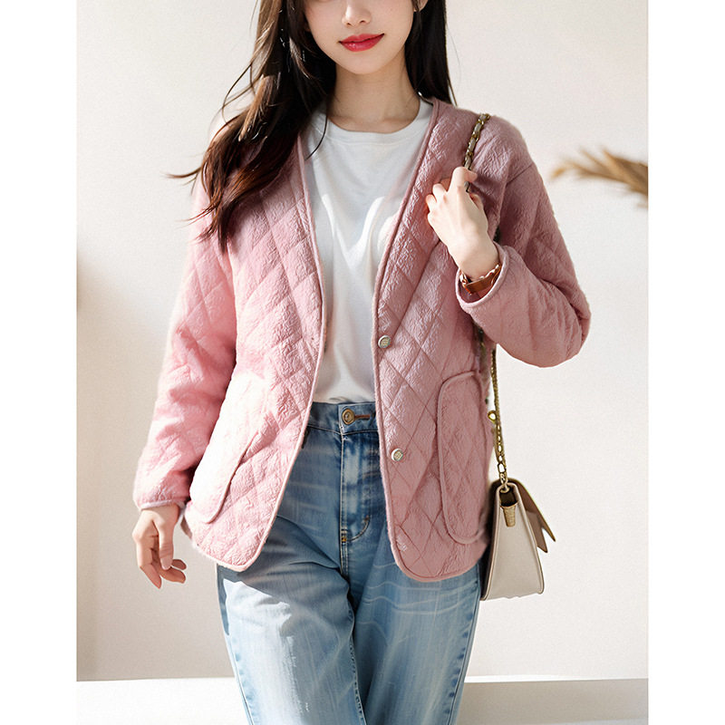 秋冬2025新款菱格羽绒棉服女今年流行轻薄v领棉衣小香风无领外套