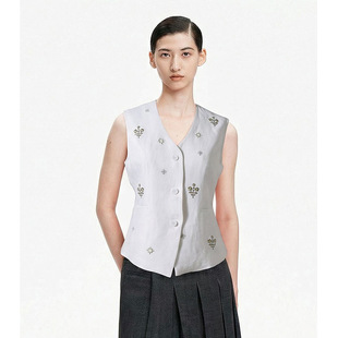 马甲女 v领无袖 法式 重工花卉刺绣气质减龄亚麻外套2026年早春新款